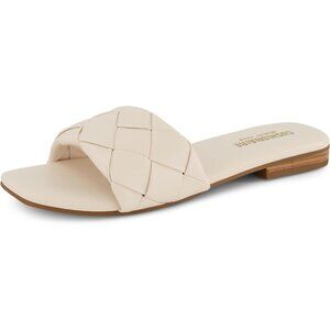 Women's Cream Casual Comfortable Leather Foam Slip On Flat Slide Sandals Shoes